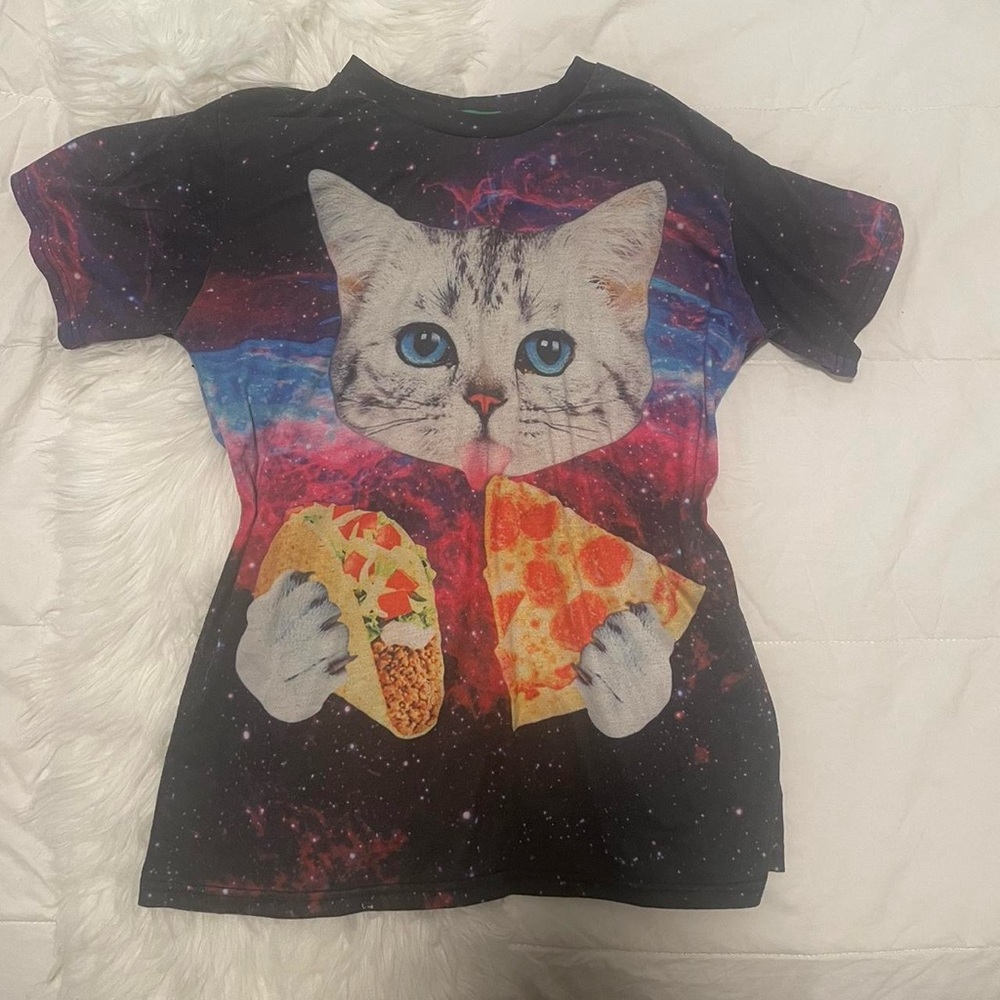 Galaxy Cat T-Shirt with Pizza and Taco Design